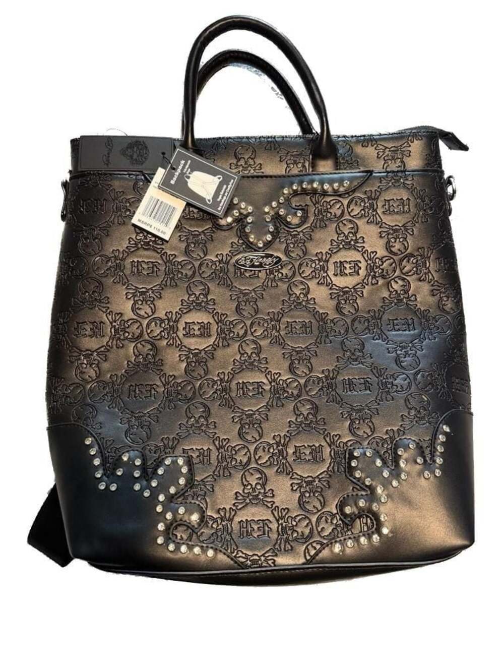 NWT Ed Hardy Black Embossed Skull Leather Backpack Tote with Rhinestones
